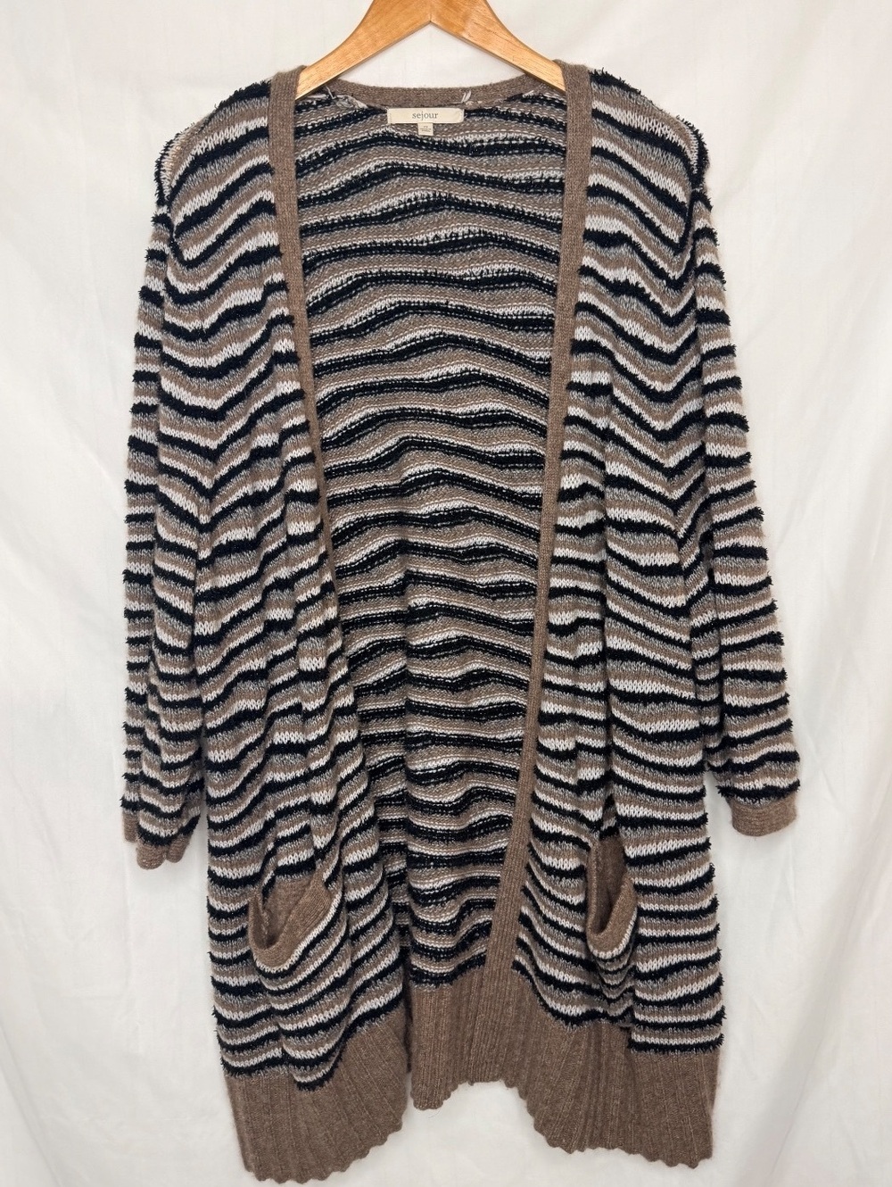 Sejour Lamb’s Wool Blend Striped Long Open Front Cardigan